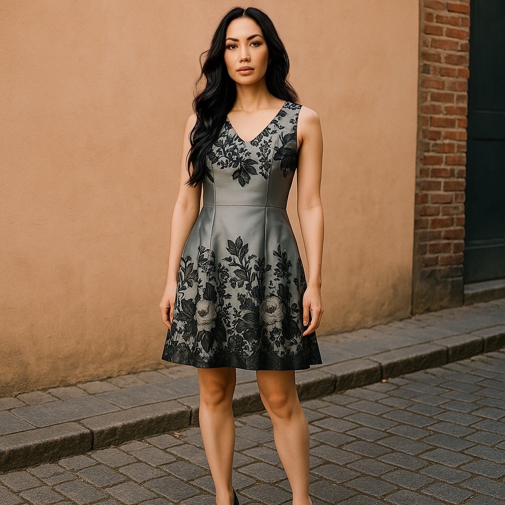 White House Black Market Black and Gray Floral Fit-and-Flare Mini Dress